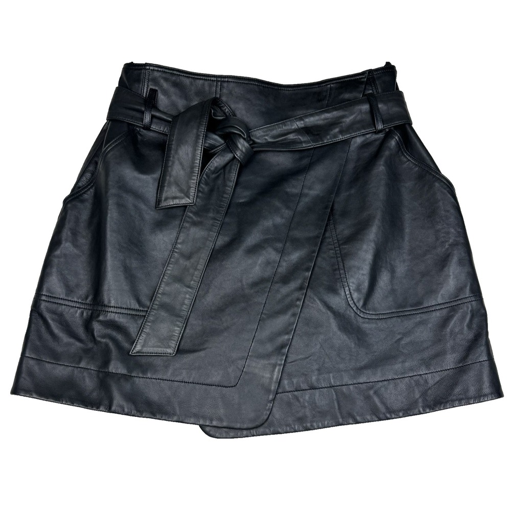 Sezane Leather Wrap Mini Skirt Womens 40 Sz 8 US Tie Belt Lined Moto Luxury